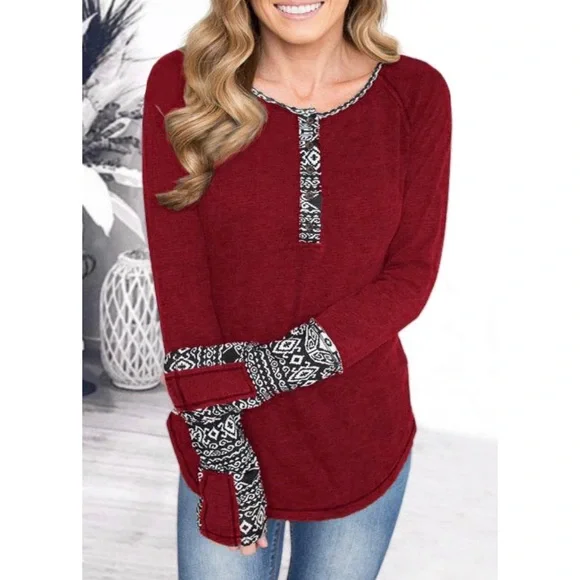 HOST PICK Aztec Burgundy Long Sleeved Henley Top - Picture 1 of 6